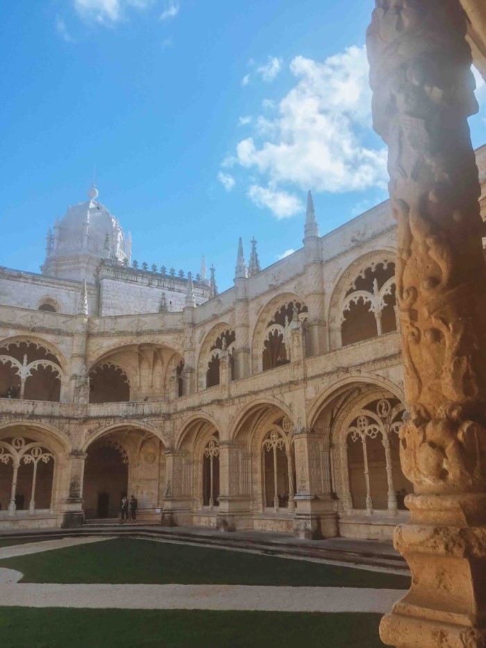 inside of the Jeronimos Monastery cloisters in Lisbon Portugal
